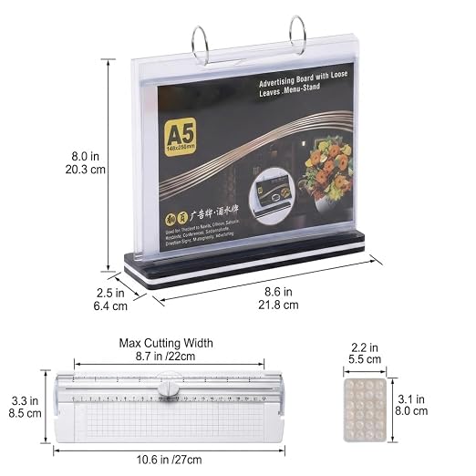 2Pcs Table Flip Menu Holder with 6 Pages Sleeve, 5.5" X 8.5" Tabletop Sign Signage Horizontal Display Stand with Base, Suction Cups, Paper Cutter, Rotating Binders Rack, for Photo, Bar, Job Fair