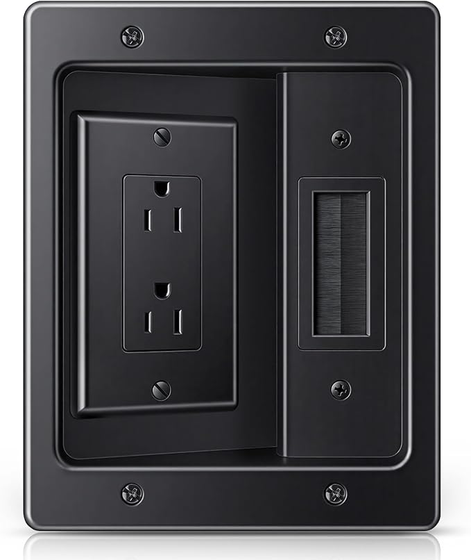 in Wall Cable Management Kit, Wall Cable Concealer Kit for TV, Recessed Outlet for Low Voltage Cables, Cord Hider Fits All Plugs for Wall Mounted TV & Cable Pass Through, Black