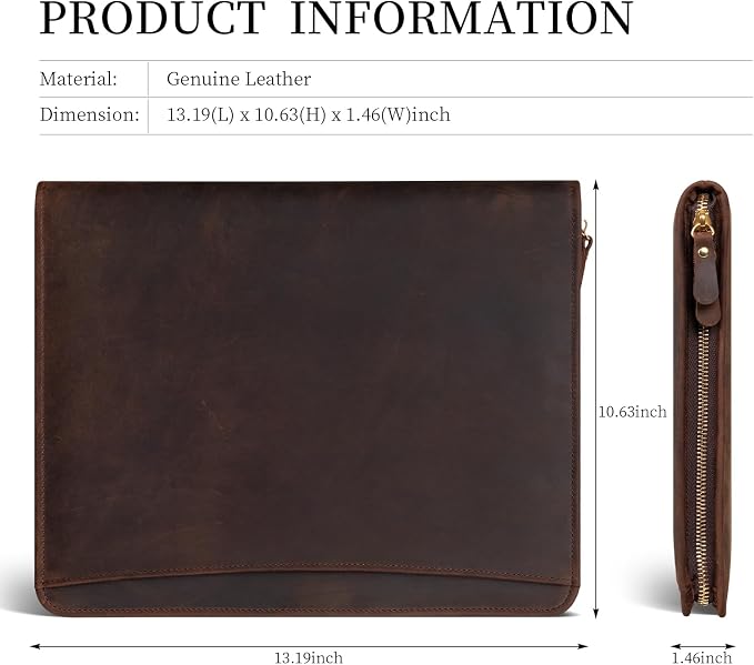 Gexmil Leather Portfolio Organizer for Women Men, Business Padfolio Folder with Zipper, Full Grain Leather,Interview Legal Document File Resume Organizer, A4 Writing Notepad Padfolio, Dark Brown
