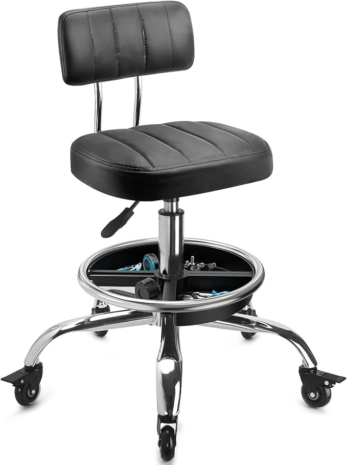 Garage Mechanic Stool with Backrest, Height Adjustable Heavy Duty Swivel Task Chair, Rolling Workshop Stool with Tool Tray Storage, Mechanic Chair for Garage, Shop, Auto Repair (Black)