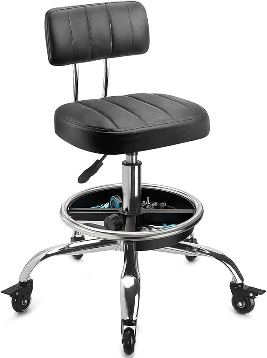 Garage Mechanic Stool with Backrest, Height Adjustable Heavy Duty Swivel Task Chair, Rolling Workshop Stool with Tool Tray Storage, Mechanic Chair for Garage, Shop, Auto Repair (Style 1)