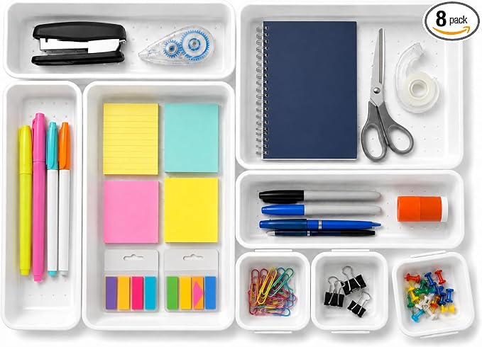 Masirs Interlocking Drawer Organizer Bins - Durable Plastic, Various Sizes for Custom Layout Design. Great for Desk Drawer, Tool Box or Garage Organization. (White | 8-Piece Set)