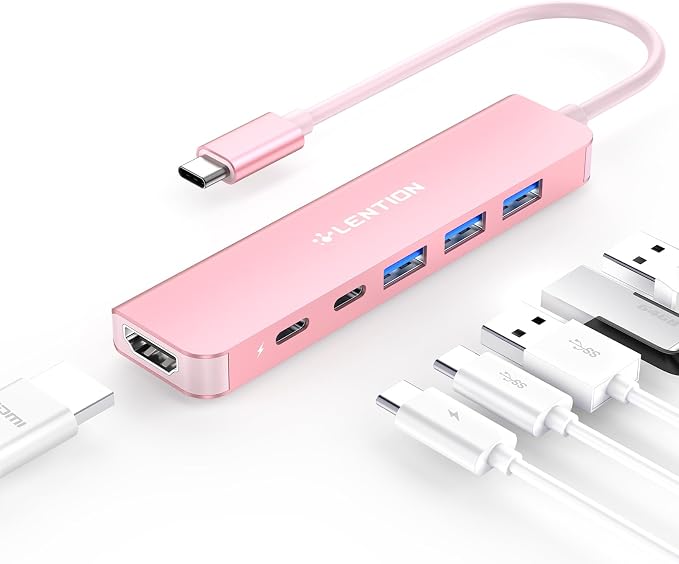 LENTION USB C Hub, Multiport with 4K@60Hz HDMI, 3xUSB-A Ports, USB-C Data Port, 100W PD Port, Compatible New MacBook Pro/Air, iPhone 17 Pro/Pro Max, Surface, Chromebook, More(CE35p, Rose Gold)