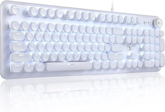 Gaming Keyboard with Retro Punk Typewriter Style. Blue Switch, Stylish White Backlight and White Mechanical Keyboard, Wired USB-A. for Game and Work.