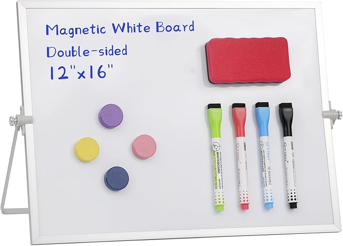 MXG Portable Double Sided Magnetic Dry Erase Board, 12x16 Inch Small White Board with Stand, Includes 4Markers, 1Eraser & 4Magnets, Desk Whiteboard for Office, Home, Classroom