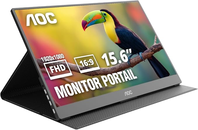 AOC 16T20 Portable Monitor 15.6" FHD 1080p IPS Display, USB-C x2, Mini HDMI, Built-in Speakers, Travel Monitor with Smart Cover, Compatible with Laptops, MacBook, Gaming Console Ready