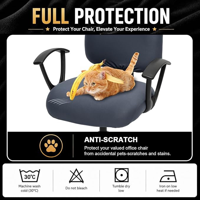 Separate Desk Office Chair Seat Covers - Universal Stretch Computer Chair Slipcover - 180GSM Washable Rotating Backrest Coverings & Cushion Protectors for Dogs, Cats, Pets, Dark Gray