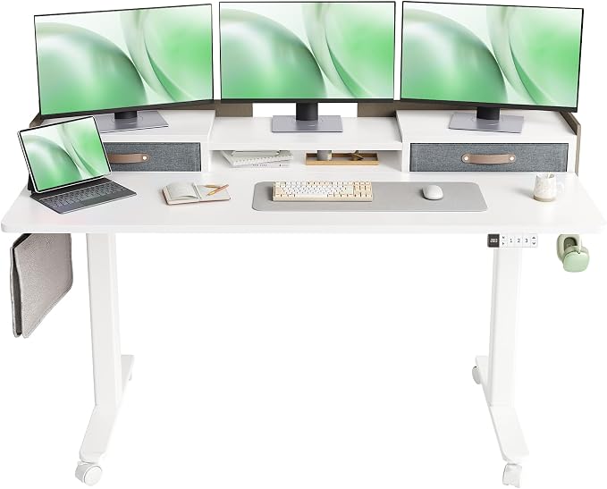 Claiks Standing Desk with Drawers & Wheels, 2 Height Shelf 59inch White | 2 height adjust shelf, tabletop drawers, felt fence design, sturdy supports 176 lbs, 4 wheels, 2 tire monitor stand