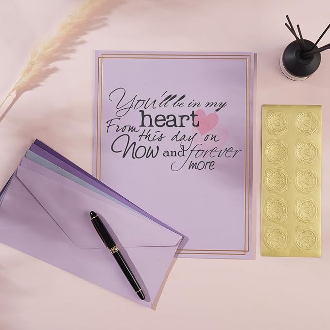 50 Pack Colored Stationery Set, 5 Colors #10 Business Envelopes, 50 Sheets 8.5x11 Paper Sheet and Gold Stickers for Office, Letters, Invitations (Purple)