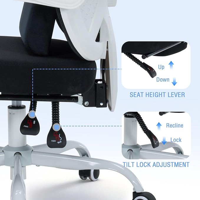 Ergonomic Home Office Chair with Footrest - Adjustable Lumbar Support & 3D Headrest, 90-160° Reclining Mesh High-Back Rolling Work Swivel Computer Chair-400lbs Capacity (White & Black)