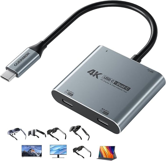 Guermok 4-in-1 Dual USB-C Display Hub, 4K@60Hz Video Output, PD 100W Input & USB 3.0 5Gbps, Compatible with AR Glasses, Switch 2, Laptops, Portable Monitors & Type-C Displays（Silver）