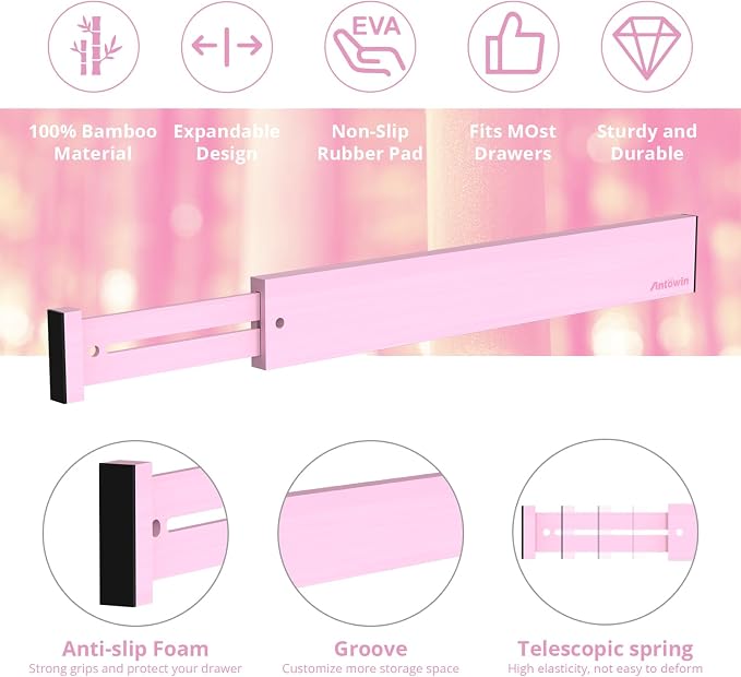ANTOWIN Expandable Bamboo Drawer Dividers Organizers, Drawer Separators Splitter, 17-22 inches Long Adjustable Spring-loaded Organizer for Large Utensil, Clothes, Tools(Pink)