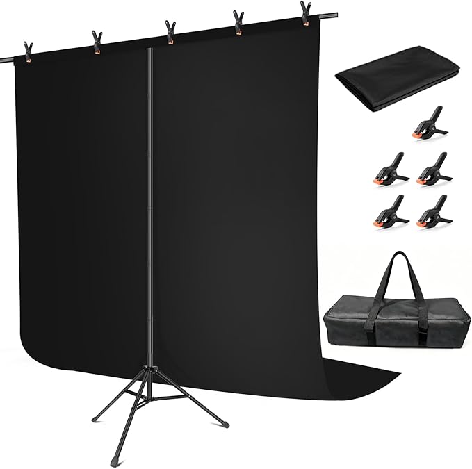 Hemmotop 8x7.5ft Black Backdrop Stand Kit, Seamless Black Background Screen with Portable T-Shape Stand for Photography Wedding Birthday Graduation Parties Banquet Decorations
