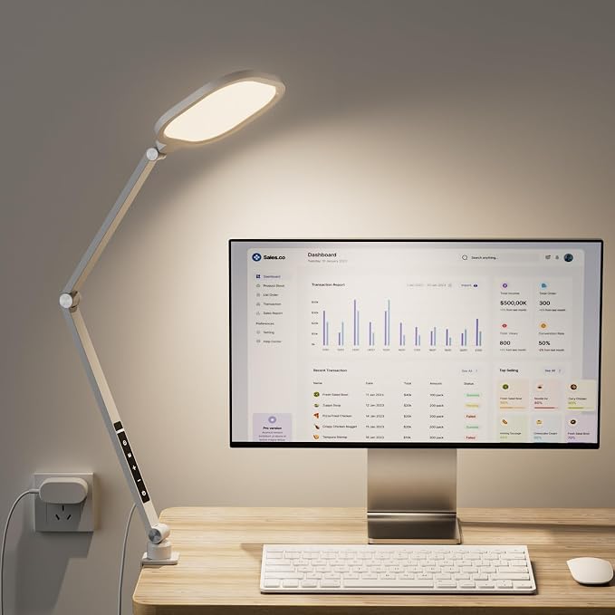 LED Desk Lamp for Home Office with C- Clamp | Swing Arm, Memory, Timer, 30 Dimmable Modes, Computer Light for Video Calls, Zoom Meeting, Conference, Streaming, Podcasting
