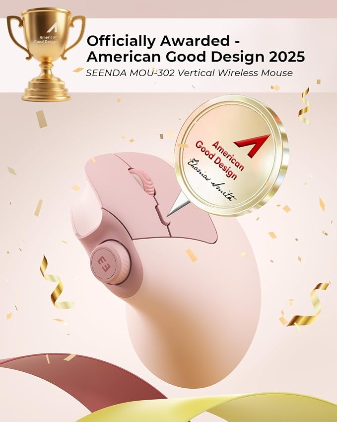 seenda Ergonomic Mouse Wireless, MOU-302 Bluetooth Vertical Mouse Rechargeable, Volume Knob, Silent Mice & 1000/1600/2400 DPI, 3 Multi-Device Connection for Windows/PC/Laptop/Mac/MacBook, Pink