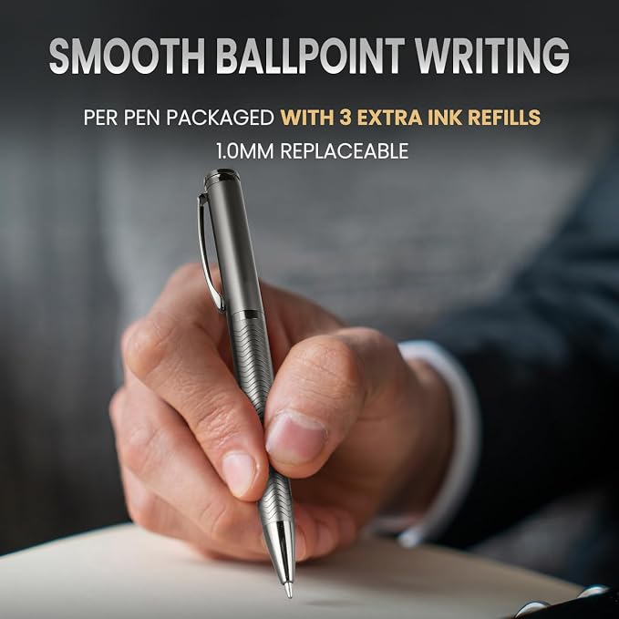 Origin-Joy Luxury Metal Pen Set, Professional Executive Heavy Nice Gift Pen with 3 Ballpoint Refills 1.0mm for Men (Gray, Twist & Wavy Fluted)