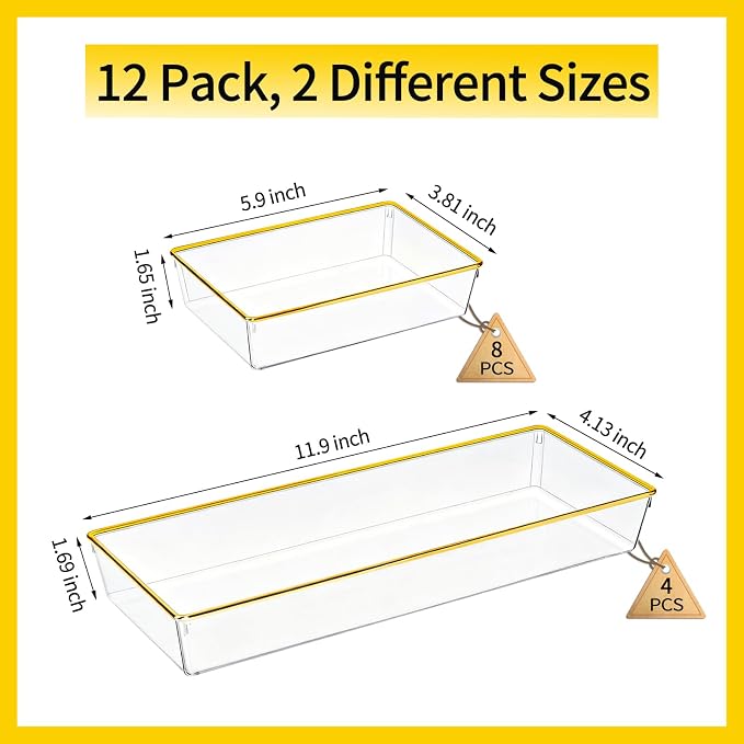 12 Pack Large Size Clear Stackable Drawer Organizer Trays, Gold Rim Makeup Drawer Storage Tray Divider, Desk Storage for Makeup, Jewelry, Bathroom, Stationary, Kitchen Utensils and Office Desk