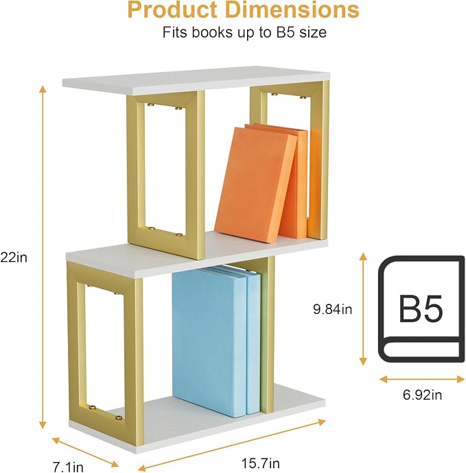 BOHDK Book Shelf, 3-Tier Small Bookshelf for Desk Organizer Corner Bookshelf Table Top Shelving, White & Gold Decor Aesthetic Desk Hutch for Office Home Dorm