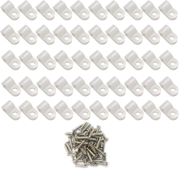 Cable Clamp R-Type Cable Clip Wire Clamp 1/4-inch Nylon Screw Mounting Cord Fastener Clips with Screws for Wire Management - White - 50 Pcs