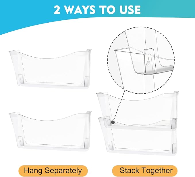EASEPRES 6 Pack Clear Single Pocket Hanging File Organizer, Plastic Wall Mount Paper Mails Magazines Holder, Mounted Folder Bins for Office School and Home, 13.85x3.14x6.88 inches