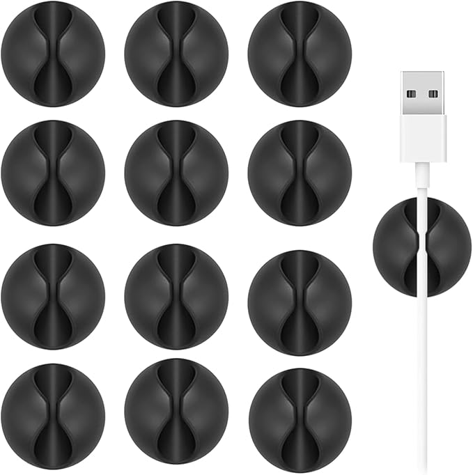 Cord Holder Cable Clips, 12PCS Black Self-Adhesive Wire Management Keeper Cord Organizer Charger Holder for Desktop USB Charging Cable Nightstand Power Cord Mouse Cable Wire PC Office Home (Black)