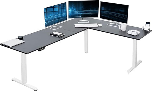 VIVO Corner Standing Desk, 84 x 63 inch Reversible L-Shaped Workstation, Electric Height Adjustment, Home, Office, and Reception Rooms, Black Table Top White Frame, DESK-E3CTWB-84
