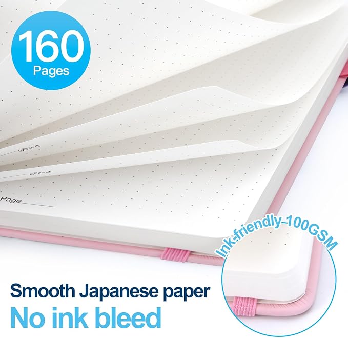 Dotted Journal Notebook A5, Dot Grid Bullet Journal for Women, 160 Pages with 100gsm Thick Paper for Journaling, Planning, Habit Tracking & Notes, Gift for Women, Pink