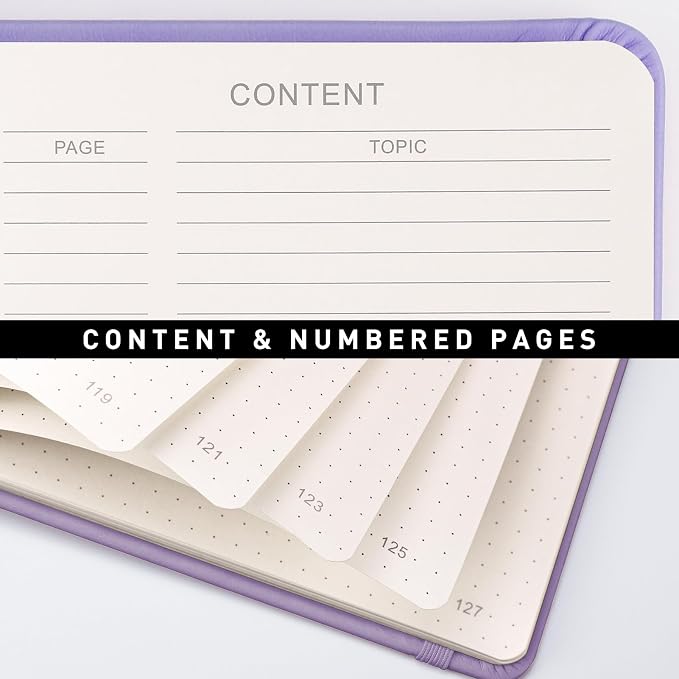 AHGXG Dotted Journal Notebook, 160 Numbered Pages, A5 Medium Size (5.7'' x 8.3''), 120 GSM Thick Paper, Leather Hardcover, for Journaling, Planning, Tracking (Light Purple)