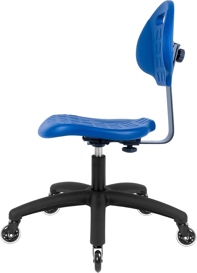 Table Height Chair/Stool-Easy to Clean! Deluxe Ergonomic Polyurethane Chair. 5" of Height Adj (16.5"-21.5") 450 lb Capacity. Automotive, Lab, Garage, Home, Office (Rubber Roller, Blue)