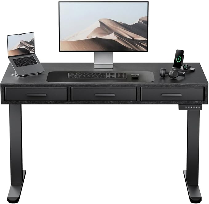 HUANUO Electric Standing Desk with Drawers, C-Clamp Mount Compatible, 40 x 22 Inch Height Adjustable Sit Stand Desk, Fabric Drawers, Home Office Stand Up Desk with 4 Custom Height Settings, Black