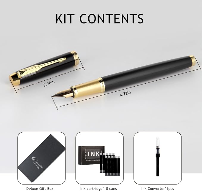 Fountain Pen,luxury pens Fine point smooth writing pens for journaling fancy pen with Gift Case 8 black ink cartridges an EF Nib an ink converte nice metal pen writer gifts（Black）