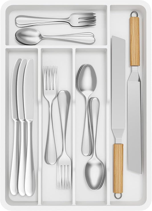 Lifewit Silverware Drawer Organizer Tray, Plastic Cutlery Storage for Kitchen, Flatware and Utensil Holder Divider for Spoons Forks Knives Tableware, 9.5 x 13.4", 5 Slots, White