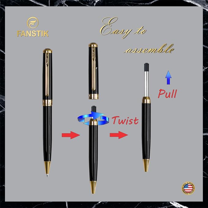 FANSTIK Black & Gold Luxury ballpoint Pen, fancy gift set for women, Real 24K Gold Plating, Professional executive pen gift set for men (Lux BallPoint Black-Gold)