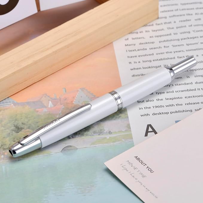 Jinhao 10 Press Fountain Pen with Box, Pearl White Retractable Medium Nib with Ink Converter Set (Silver Clip)