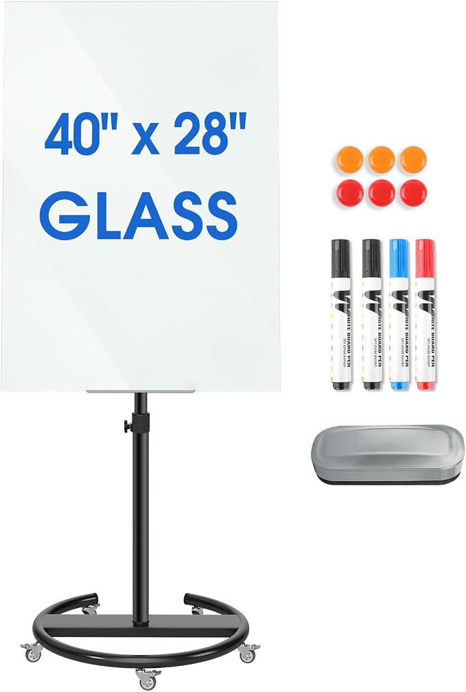 MaxGear Glass Mobile Whiteboard– 40'' x 28'' Magnetic Dry Erase Board Stand | Whiteboard with Stand & Wheels, Portable Dry Erase Easel for Office, Classroom & Home, Includes 4 Markers, 6 Magnets & Eraser