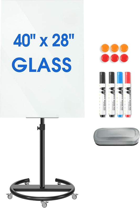 MaxGear Glass Mobile Whiteboard– 40'' x 28'' Magnetic Dry Erase Board Stand | Whiteboard with Stand & Wheels, Portable Dry Erase Easel for Office, Classroom & Home, Includes 4 Markers, 6 Magnets & Eraser