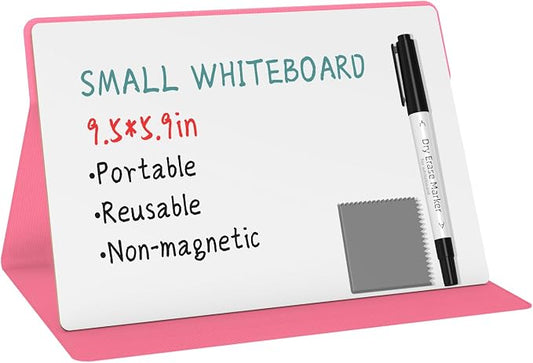 Portable Small White Board,Reusable Dry Erase Board with Stand,Desktop Whiteboard for Office Meeting Bussiness Home 9" x 6" with Marker, Wipe Cloth (Pink)