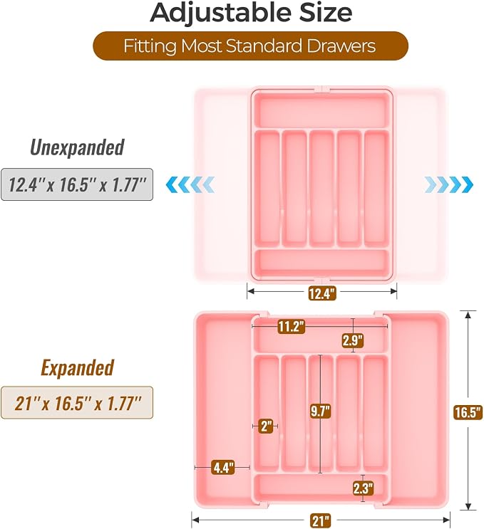 ukeetap Extra Large Expandable Silverware Organizer, BPA-Free Food-Safe Cutlery Flatware Organizer, Kitchen Utensil Drawer Organizer, Adjustable Silverware Holder for Spoons Forks Knives, Pink