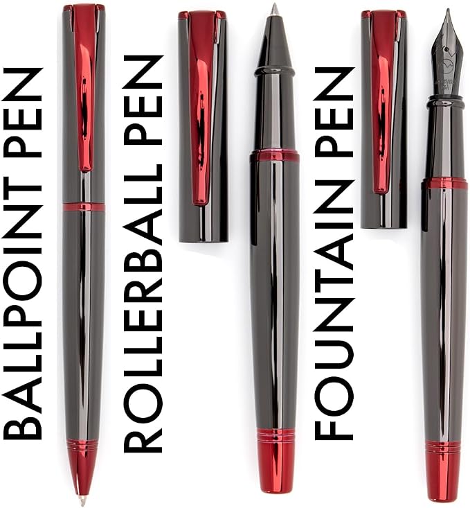 Monteverde USA Impressa 3+2 Piece Set (Fountain, Rollerball, Ball Pen) | Gunmetal/Red | Stub Nib | Large Luxury Gift Box with Free Ink & Gel Refill