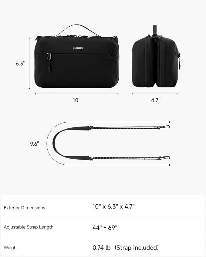 LUGGEX Large Tech Pouch, Cable Organizer Bag with Removable Crossbody Strap, Dual Accessories Bag & Water Resistant for Kindle, Chargers, Cord, Earphone for Travel Office All-in-One, Black CBX01