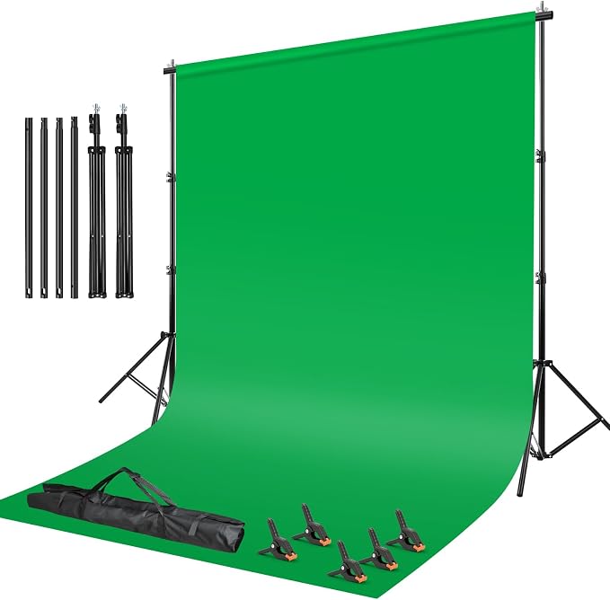Green Screen Backdrop Kit - 10ft Wide x 6.5ft Tall Portable Green Screen with Heavy Duty Stand, 5 Heavy Duty Clamps & Carrying Bag for Professional Photography, Video Production, Gaming, Zoom Calls