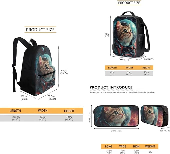 Kids Space Cat Pattern Backpack with Pencil Case and Lunch Box Teen Boys Large Capacity Backpacks for Preschool School Bag Set Cool School Supplies for Boys