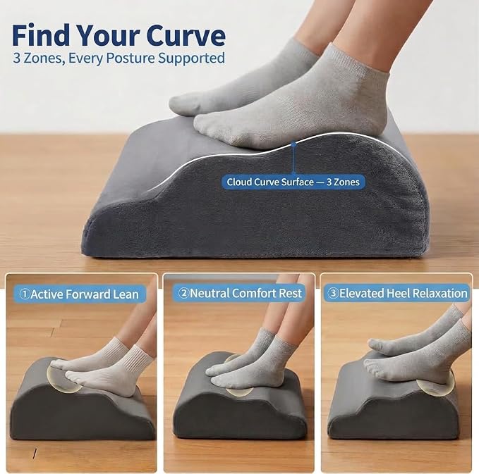 Foot Rest for Under Desk at Work, Ergonomic Footrest Stool, 3 Adjustable Heights Foam Cushion Pillow for Leg & Feet Support, Non-Slip Washable Cover for Office Gaming Chairs, Computer Desk, Home, Car