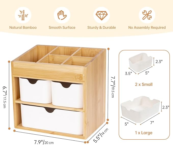 Bamboo Organizer with 3 Drawers, Small Organizer for Bathroom Countertop, Makeup Vanity Skincare/Cosmetic Organizer Box, Desktop Organization for Stationery, Adjustable & No Assembly Required