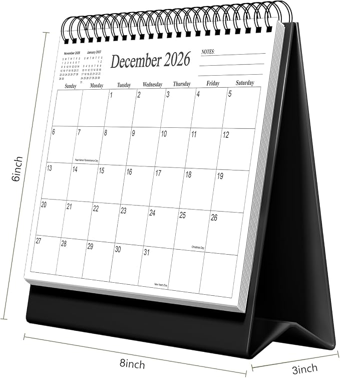 Desk Calendar 2026-2027 - Runs July 2026 until December 2027 - Beautiful Small Flip Desktop Calendar for Easy Organizing, 6" x 8", Black