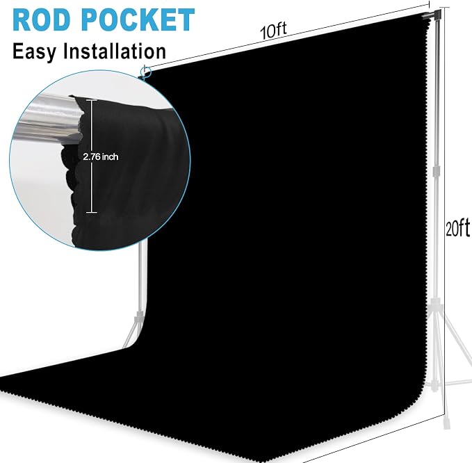Black Backdrop for Photoshoot, Professional Photo Backdrop Background Curtain for Product Photography, Portraits, Wedding, Party, Live Streaming Video Recording 10X20 FT