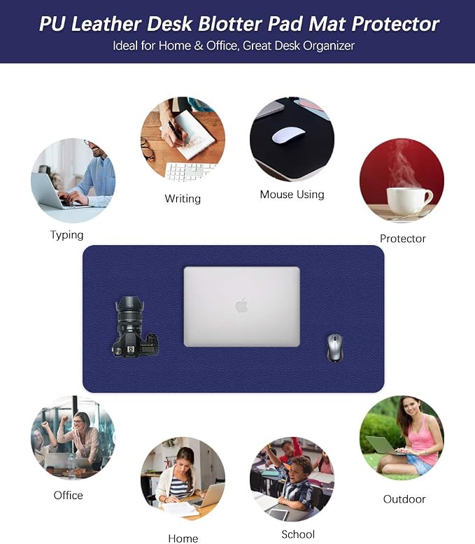 Office Desk Mats Pad Table Protector 16 X 32 Inch PU Leather Desk Blotters on Top of Desks Computer Laptop Keyboard Mouse Pad Organizer Double Side Desktop Cover Writing Mat for Girl Kids Blue/Yellow