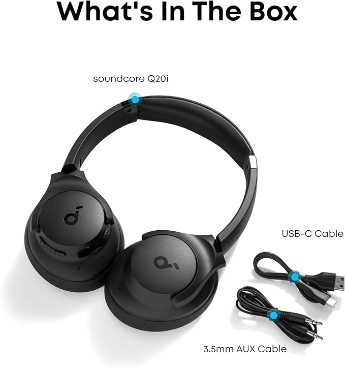 soundcore by Anker Q20i Hybrid Active Noise Cancelling Headphones, Wireless Over-Ear Bluetooth, 40H Long ANC Playtime, Hi-Res Audio, Big Bass, Customize via an App, Transparency Mode (Renewed)