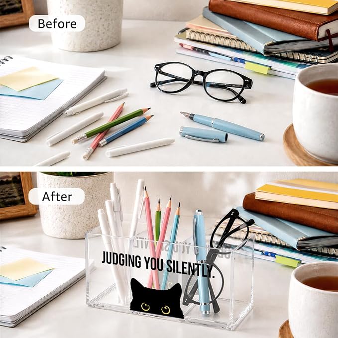Judging You Silently Acrylic Pen Holder Organizer with 3 Compartments, Black Cat Desk Accessories for Work, Sarcastic Office Gifts for Cat Lover Coworker Manager, Employee Appreciation Gifts