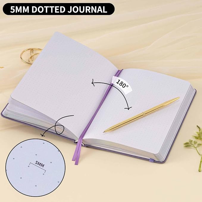 Dot Grid Journal with 160GSM Thick Paper, 192 Pages, A5 Dotted Notebook for Work, School, Travel | 180° Lay Flat, Foil Stamped Cover, Elastic Band, 2 Bookmarks & Inner Pocket (Purple Castle)